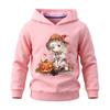 Festive kids hoodie with cartoon witch girl, pumpkin and maple leaves graphic, breathable material, perfect for family gatherings and seasonal trips.