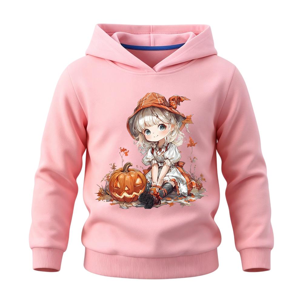 Festive kids hoodie with cartoon witch girl, pumpkin and maple leaves graphic, breathable material, perfect for family gatherings and seasonal trips.