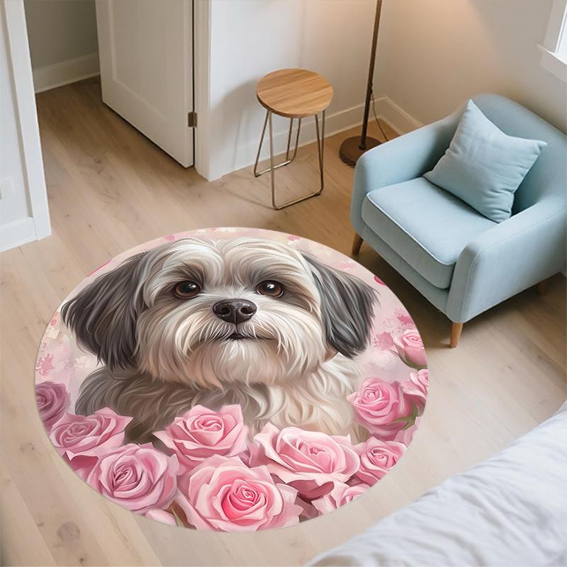 Shih Tzu and Roses Pattern Round rug,Carpet Rug for Living Room Bedroom Playroom ,Non-slip Floor Mat,Holiday Gifts and Birthday Gifts.