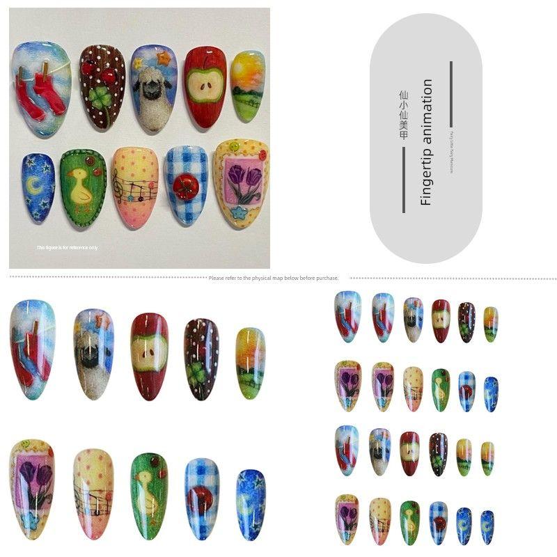 

Artistic Fingertip Animation Wear Armor Mori Cute Cartoon Pattern Nail Stickers Fashion Pastoral Style Fake Nail Tip 245-Fingertip Animation(Flat Pattern)