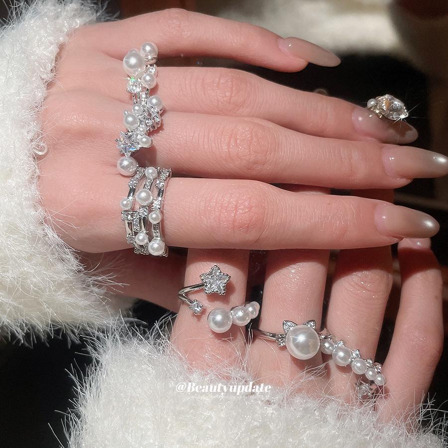 Elegant Baroque Zircon & Imitation Pearl Open Ring - Vintage High-End Jewelry for Index Finger
