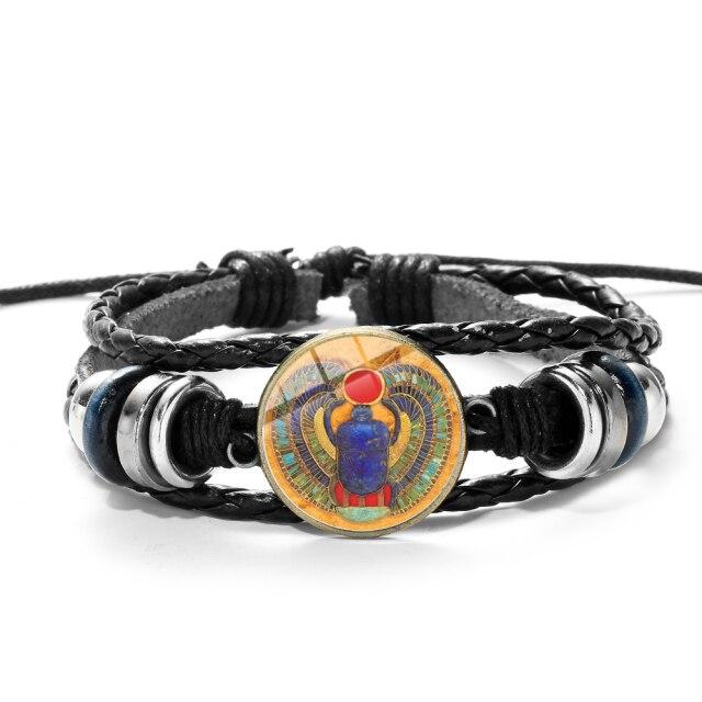 Mısır Böceği Vintage Bilezik Güç Sembolü Eski Mısır Punk Dokuma Siyah Deri Bilezikler Cam Düğme Bilezikler