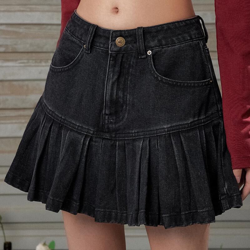 UNIFREE Heavy Washed Denim Pleated Mini Skirt S