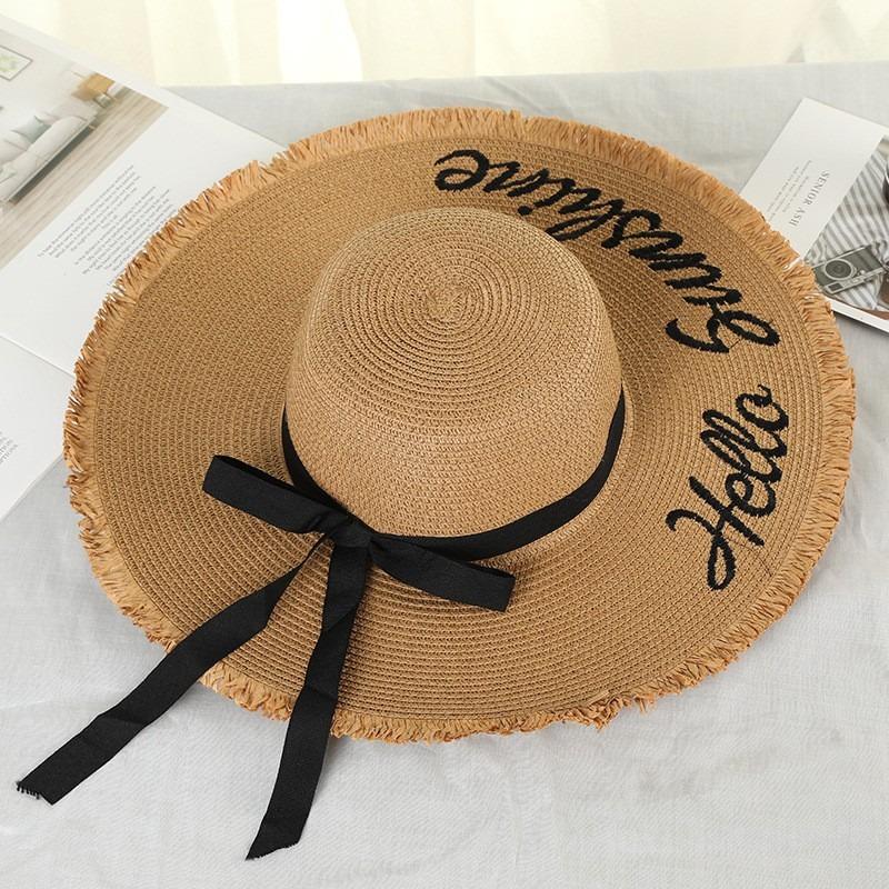 Lace bow big brim straw hat women's summer breathable sunshade sunscreen beach hat sweet bucket hat