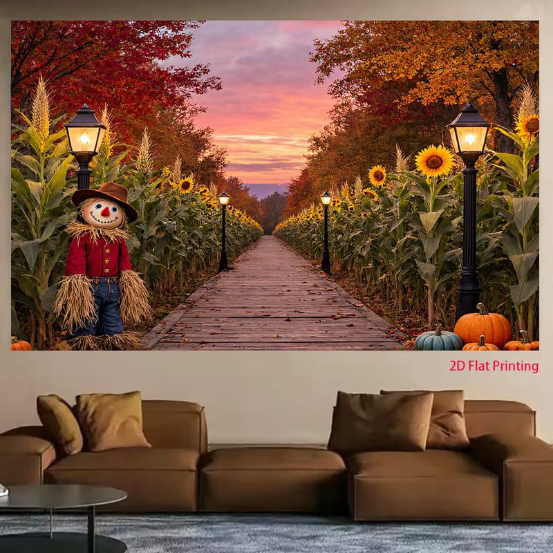2D Cozy Autumn Farm Backdrop with Street Lamps and Scarecrow