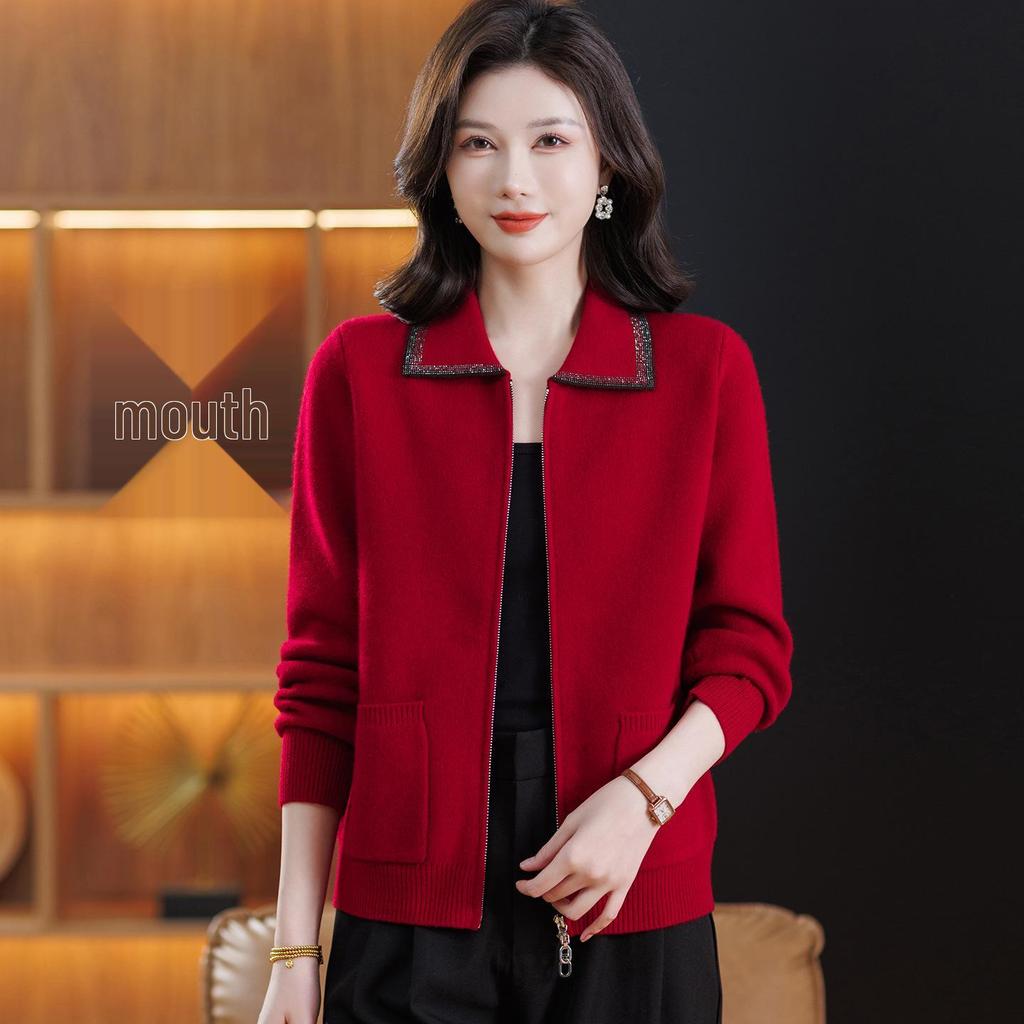 100% Pure Wool Women's Zipper Stand Collar Sweater Coat for Spring and Autumn/Winter Warmth, Ideal for Mid-Aged and Elderly