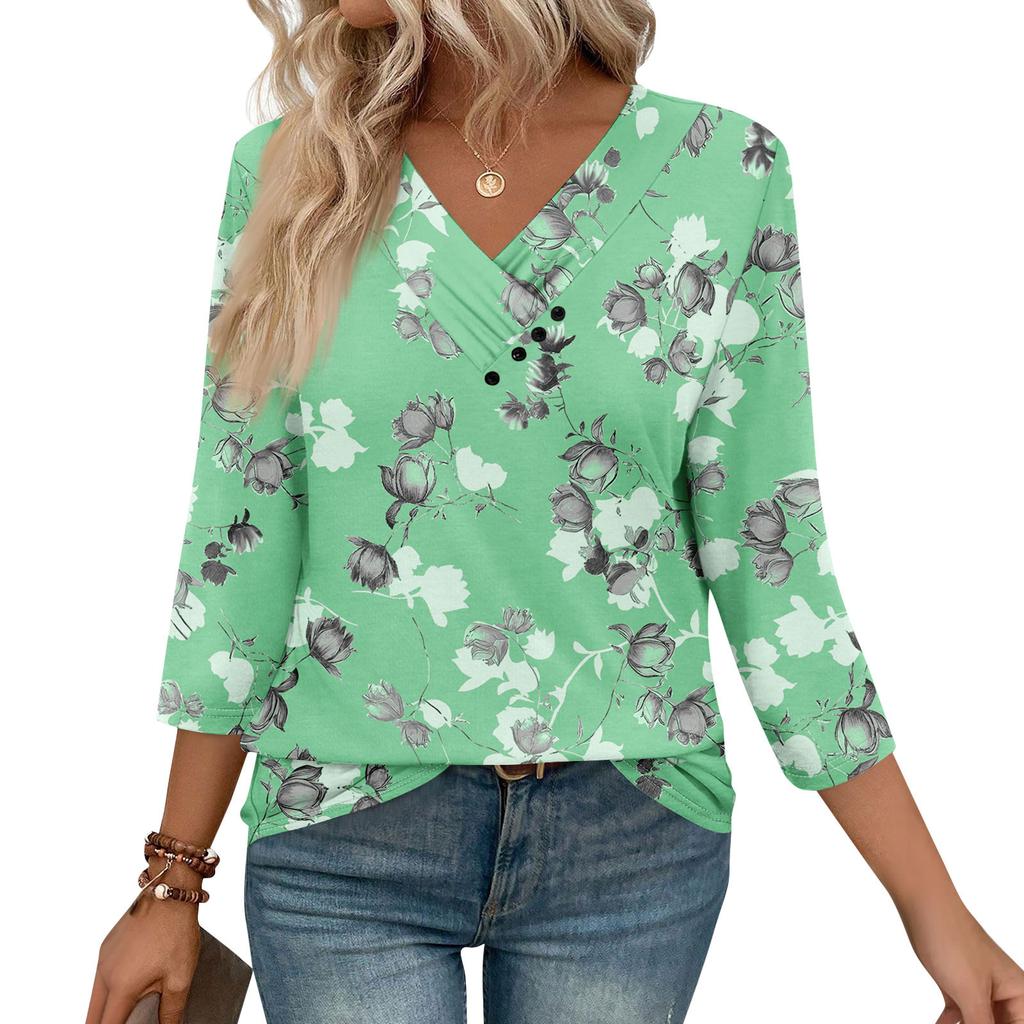 Womens 3/4 Sleeve Daily Weekend V Neck Casual Printed Tshirts Loose Fit Pleated Tees Button Down Shirts