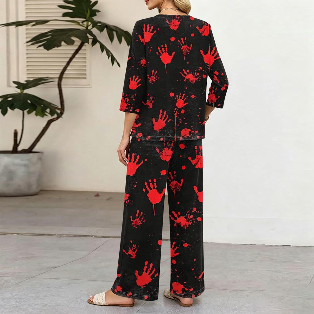 Women's Casual Printed 3/4 Sleeve Button Down Top and Wide Leg Pants 2 Piece Set