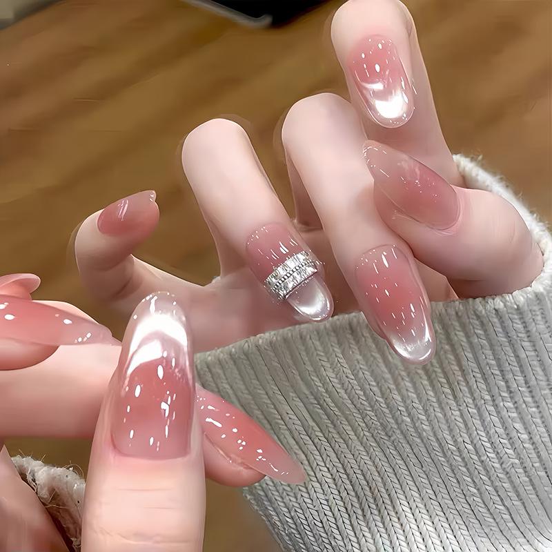 Ice Jade White Tea Nude Cat Eye Nail Art – Blush Brightening Ice Translucent Style, Pure Handmade Medium (Larger hands/Broader nail beds)
