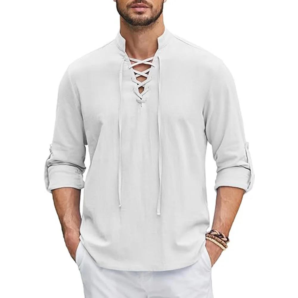 Men's Renaissance Shirt Pirate Medieval Viking Top Cotton Linen Shirts Men Long Sleeved Halloween Costume