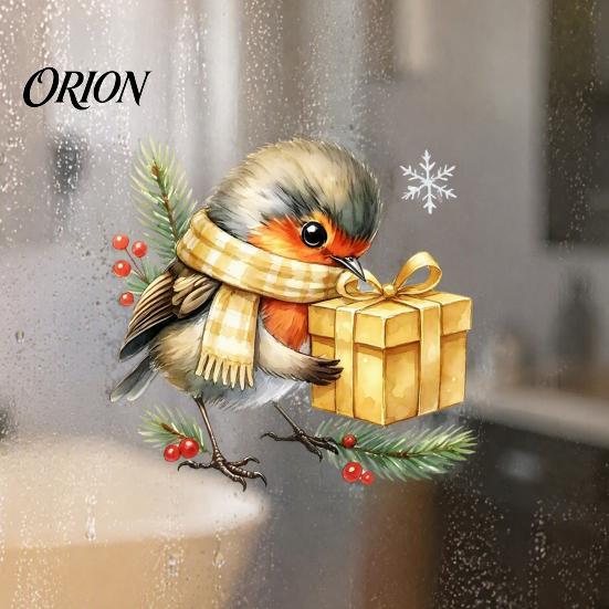 Non Adhesive Window Clings Christmas Bird Static Sticker, Cute Watercolor Glass Stickers with Pine Branch, PVC Waterproof Decorative for Holiday