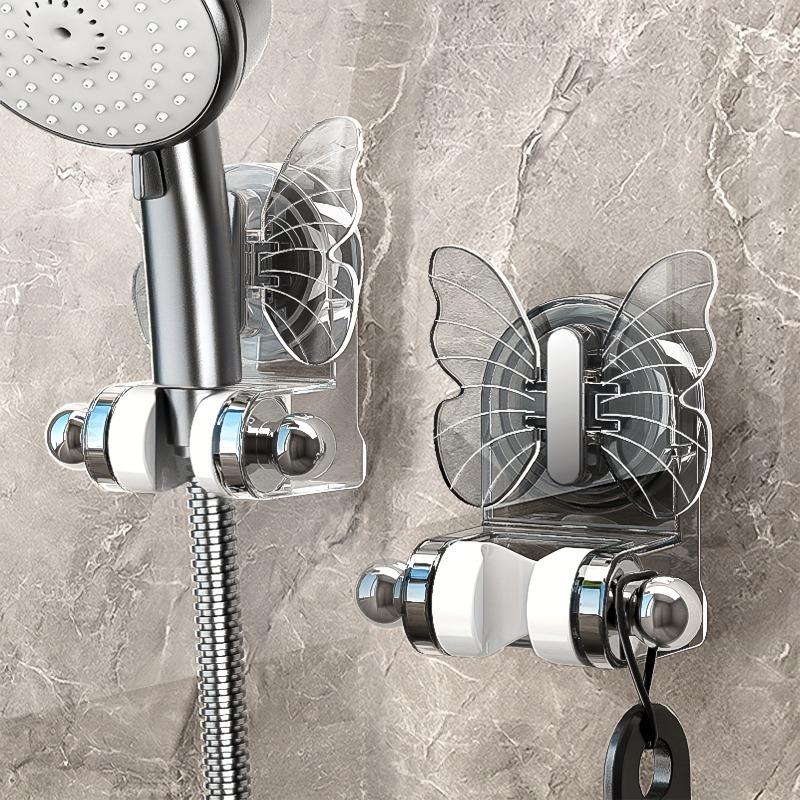 [Adjustable Gray Shower Head Holder] Adjustable Shower Head Bracket with Butterfly Design, Wall-mounted Shower Holder, Bathroom Storage Organizer