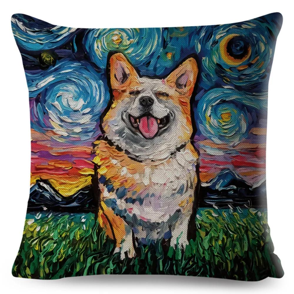 Both Sided Starry Sky Dog Cushion Cover Decor Oil Painting Cartoon Pet Animal Pillow Case for Sofa Home  Linen Pillowcase