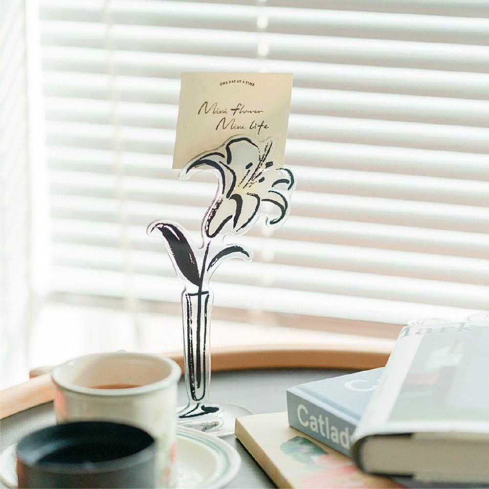 Transparent Clear Base Vase Shape Photo Holder Note Clip Decor  Office Desk Accessory Lily