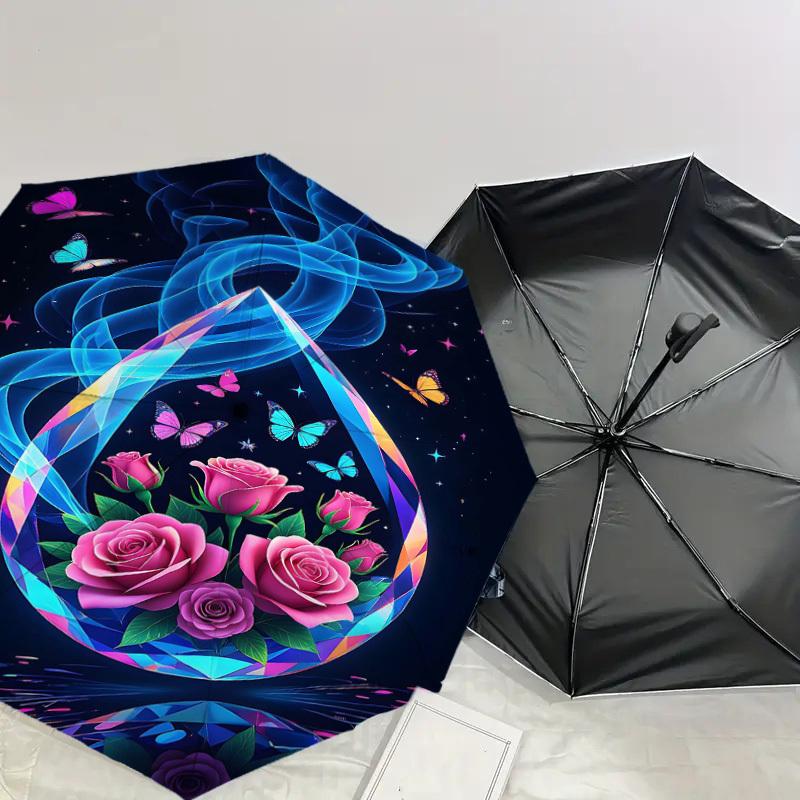 1pc Flowers Butterfly Automatic Open/Close Umbrella Compact Folding Umbrella with 8-Rib Shaft for Women/Men, Portable Travel Umbrella,1187S