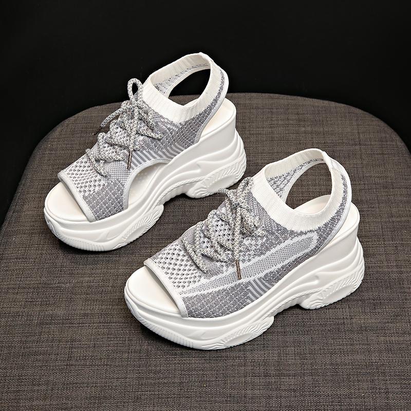 Womens Hollow Out Sport Sandals Fabric Lace Up Footwear Front Vulcanized Shoes For Women Thick Platform Wedge Sandals