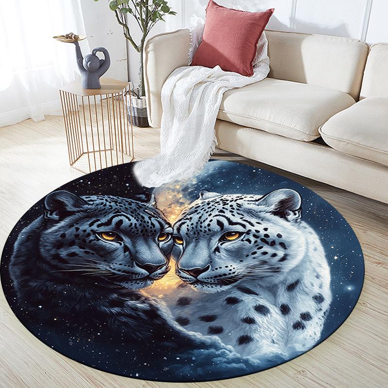 Snow Leopard Round Area Rug,Carpet Rug for Living Room Bedroom Sofa Playroom Decor,Non-slip Floor Mat