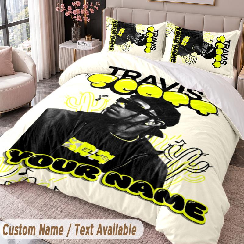 Custom Name Text 3Pcs Bedding Set Travis Scott Duvet Cover And Two Pillowcases