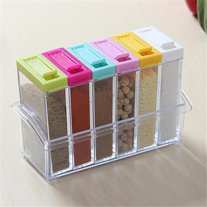 

Transparent Seasoning Six Grid Seasoning Box Six Piece Set Kitchen Supplies Plastic Bottle Salt MSG Seasoning Jar Storage Box