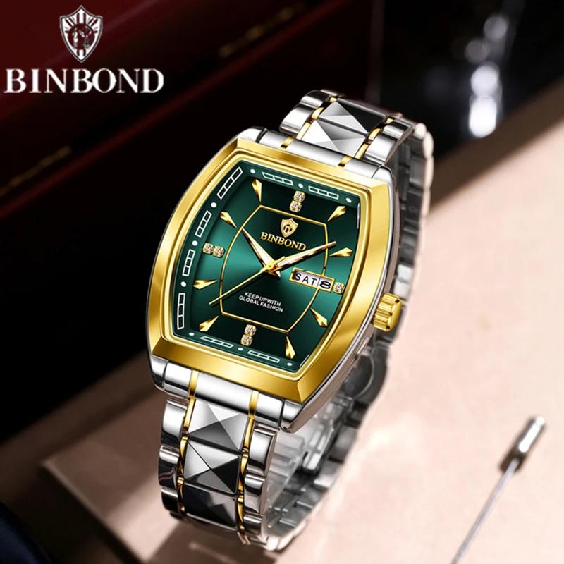 BINBOND Men's Watch Authentic Light Luxury Wine Barrel Steel Belt Waterproof Night Light Calendar Men's Student Quartz Watch