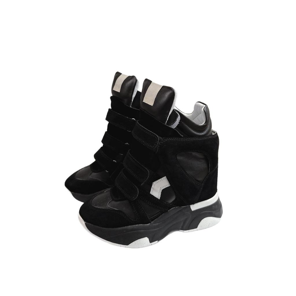 Retro Stiefeletten für Damen mit Klettverschluss, unsichtbarer Innensohle zur Höhenerhöhung, Freizeitschuhe mit Farbblockdesign, High-Top-Schuhe