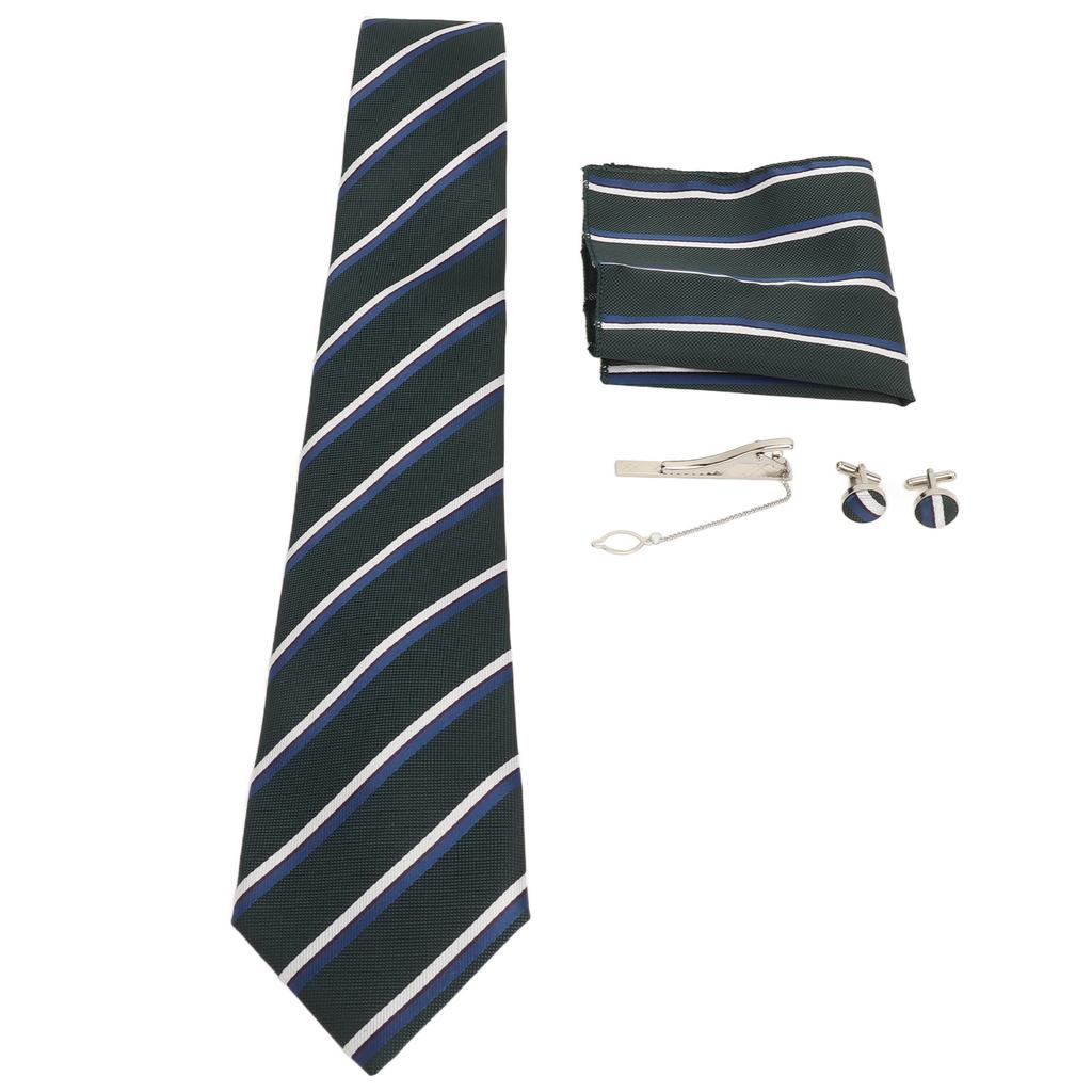 Men Gift Tie Set Silky Necktie Tie Clip Soft Lightweight Pocket Square Cufflink Set 8cm Width for Business Green