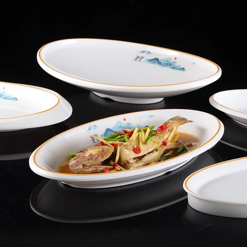 Piatto Ovale in Melamina a Forma di Pesce - Piatto per Verdure Imitazione Porcellana per Wok e Hot Pot per Ristoranti e Hotel