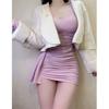 Fashionable, Sexy, Pure V-neck Long-sleeve Dress, Women's Spring, New Slimming Inner Layer, Hip-hugging Short Skirt
