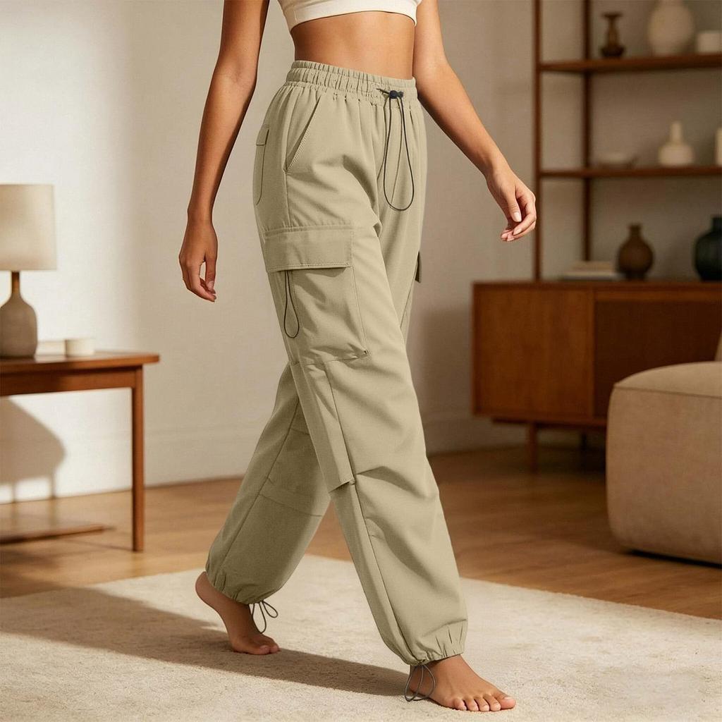 Women Casual Cargo Pants Elastic Waistband Drawstring Adjustable Ankle Pockets Loose Fit Workwear Trousers