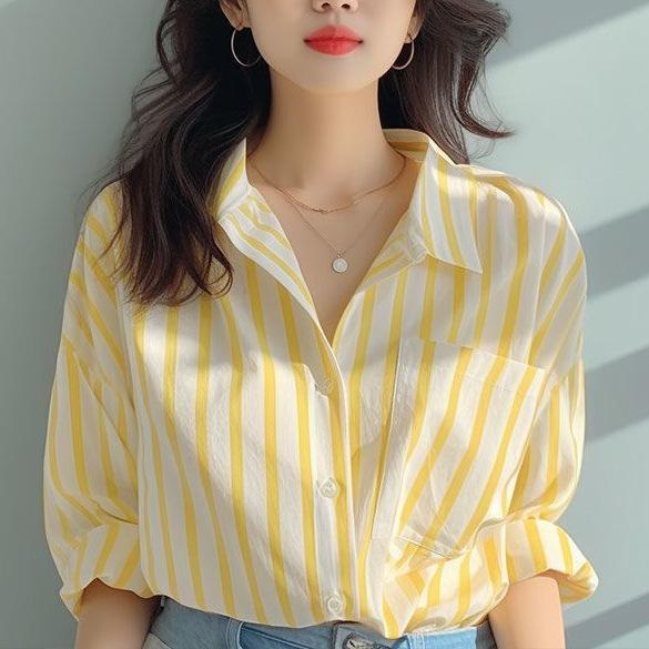 Women s Polo Collar Long Sleeve Vertical Striped Button Down Shirt Loose Fit Urban Commute Blouse S