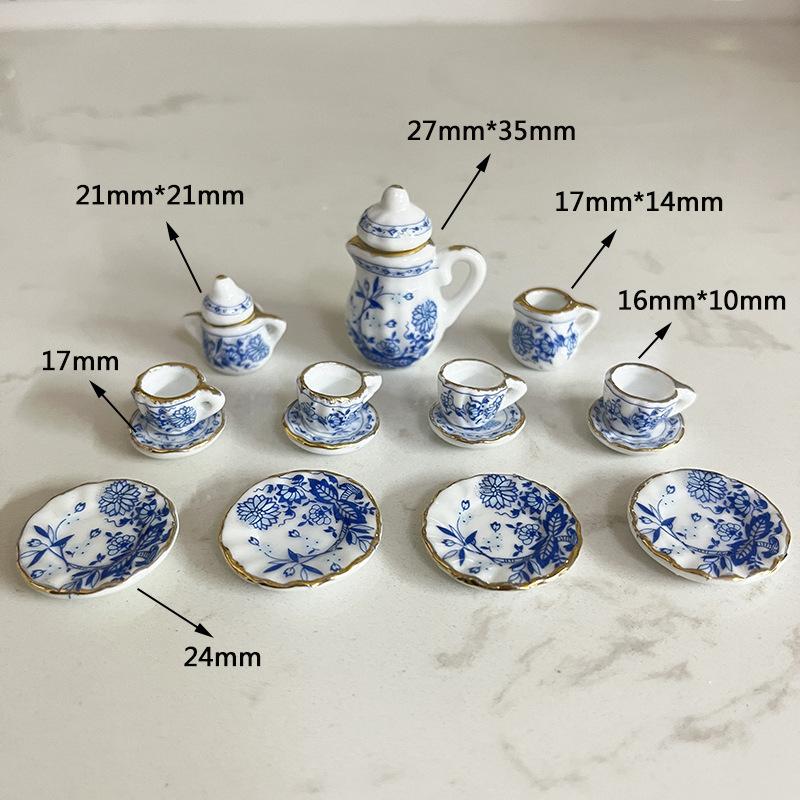 15Pcs/Set Vintage Miniature White Porcelain Tea Set Pot Cup Plate Tableware Dollhouse House Model Room Items Furniture Decor