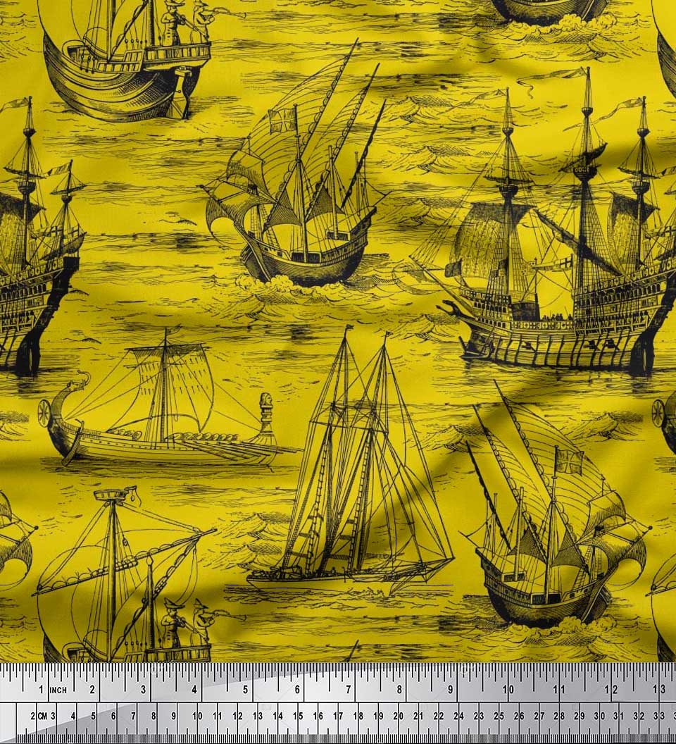 

Тканина Soimoi Japan Crepe Satin Waves & Ship Ocean Print Тканина на метри 42 дюйма 42 Inch Wide - Poly Crepe жовтий