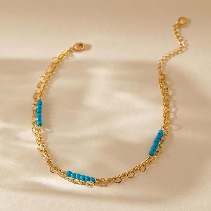 Handmade Turquoise Anklet 18k Gold Plated Niche Design Heart Chain Beach Vacation Foot Jewelry