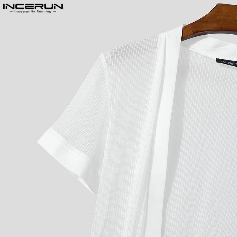 INCERUN Men Summer Short Sleeve Open Front Mesh Sheer See Through Tops T-shirts