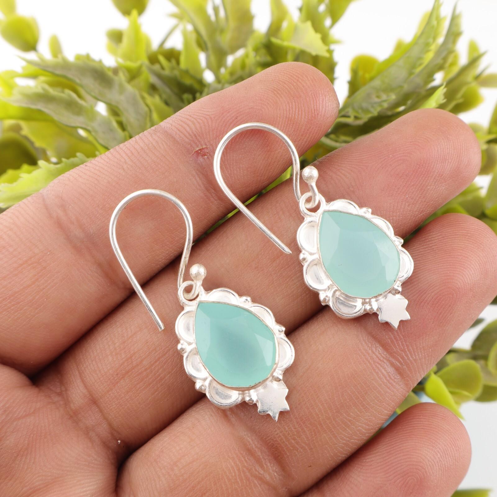 

Аква Халцедон Драгоценный Камень 925 Стерлинговое Серебро Ювелирные Изделия Ручной Работы Серьги 1,6 Для Нее EE-163-18