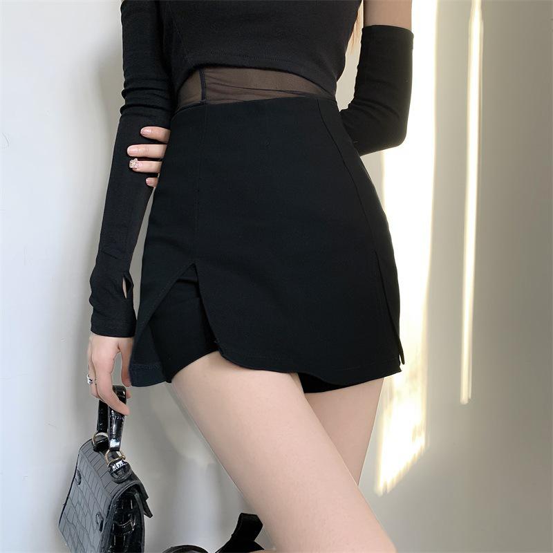 

Женские пикантные шорты-юбка А-силуэта с разрезом и высокой посадкой - Сексуальные летние повседневные облегающие шорты L чёрный