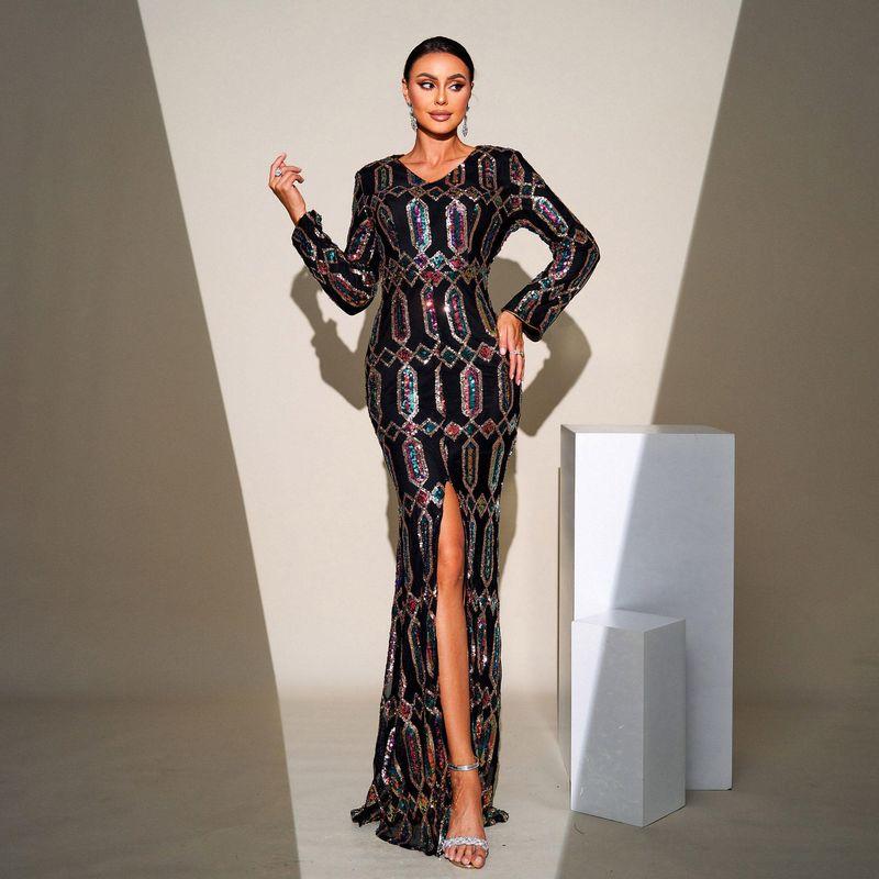 

Cross-Border European and American High-End Elegant Sexy Long Sequined Long-Sleeved V-Neck Evening Dress Bridesmaid Dress for Women Black S