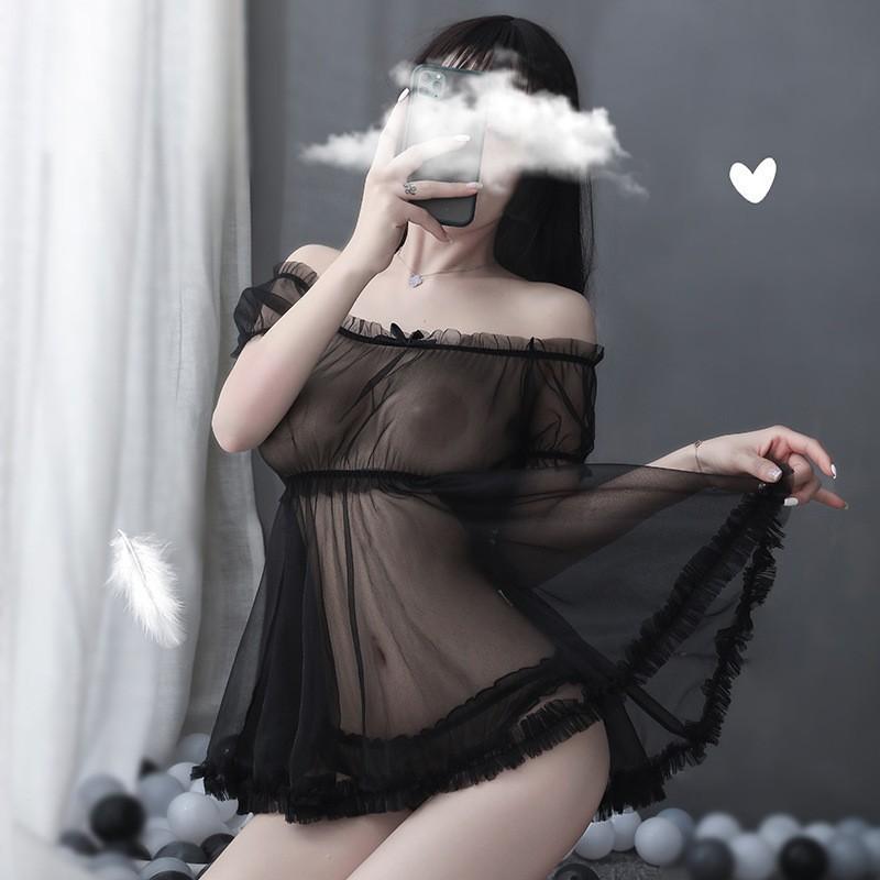 New sexy underwear perspective princess suit one-word shoulder mesh skirt seduces girl transparent milk leakage nightdress