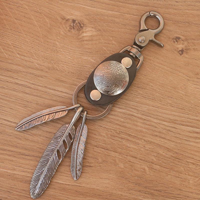 Eagle Claw Feather & Leaf Leather Keychain Pendant