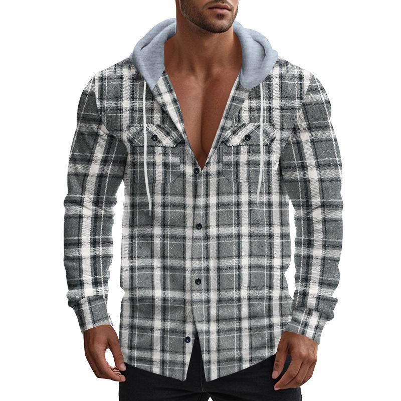 American Retro Plaid Shirt Men'S Autumn And Winter Hooded Flannel Jacquard Shirt Casual Jacket Men