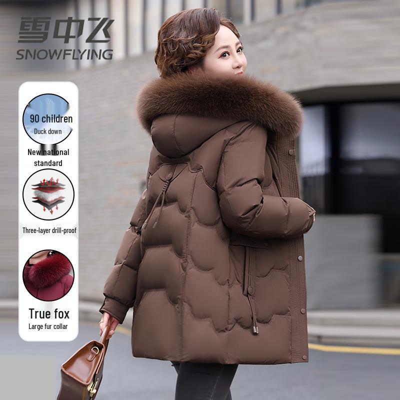 

SNOWFLYING Women s Mid-Length Down Jacket with Fox Fur Collar L