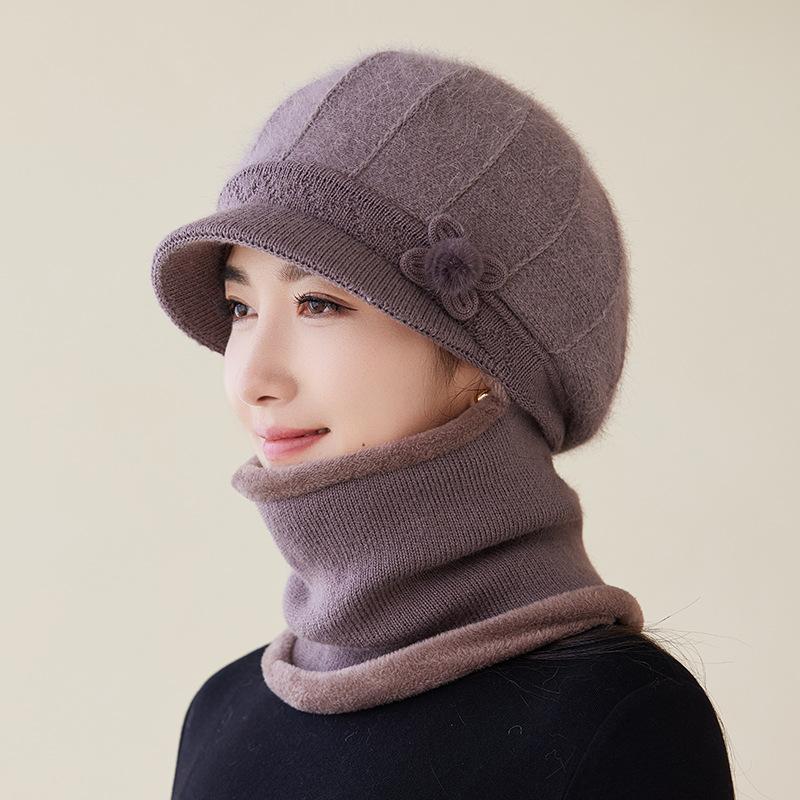 Knitted Wool Hat Scarf Integrated Women's Winter Velvet Thickened Warm In The Elderly Cycling Cold Hat