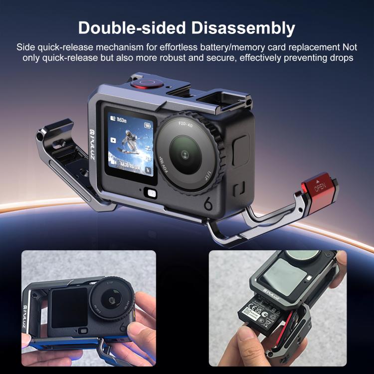 For DJI Osmo Action 6 PULUZ Metal Dual-Opening Camera Cage Expandable Frame with Silicone Lens Cap (Titanium)