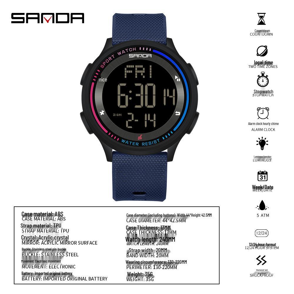 SANDA Unisex Luminous Waterproof Thin Large Screen Multifunction Electronic Wristwatch