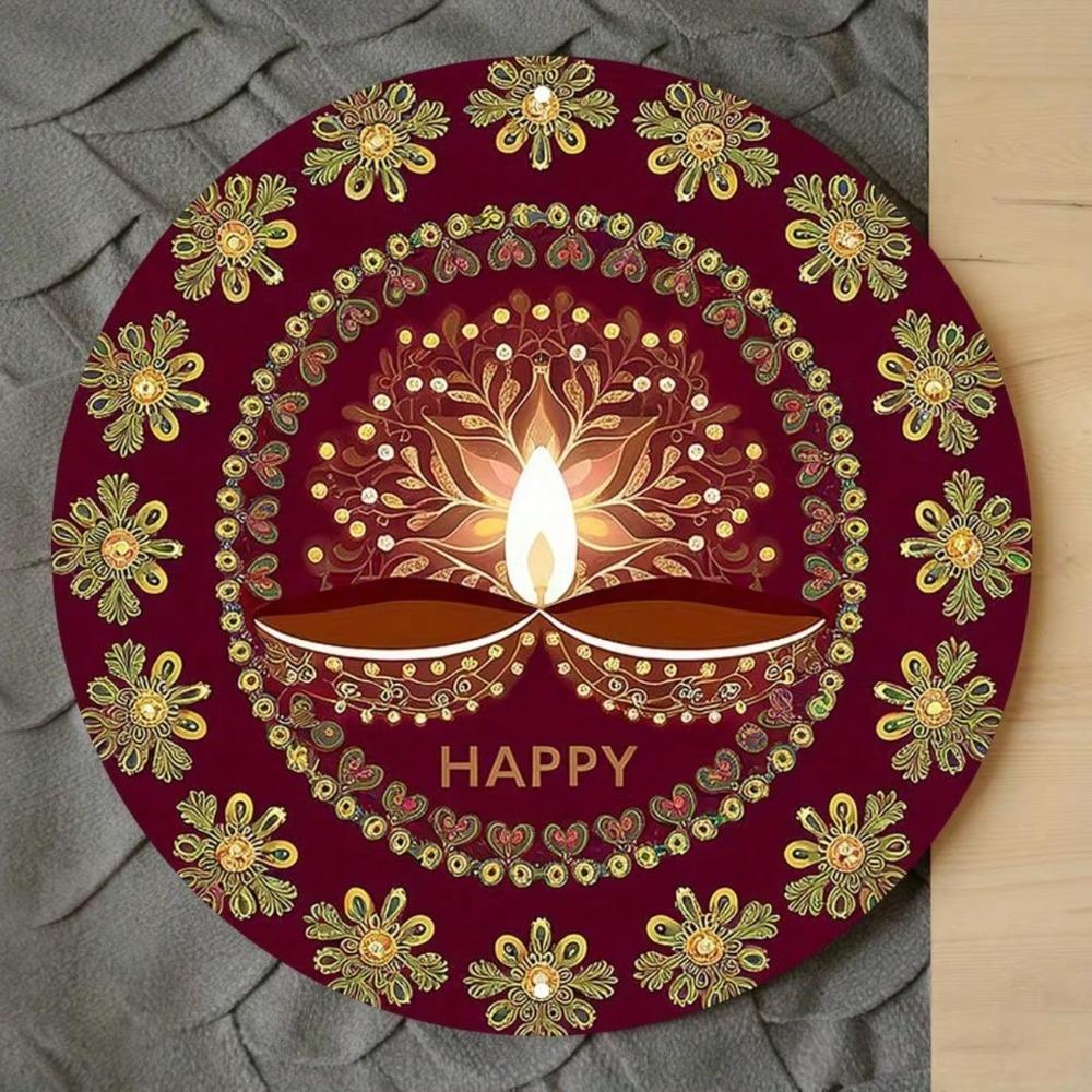 Metal Diwali Wall Art 2D Oil Lamp Flower Sign Pre-Drilled Hanging Plaque For Home Shop Classroom 7.87x7.87in
