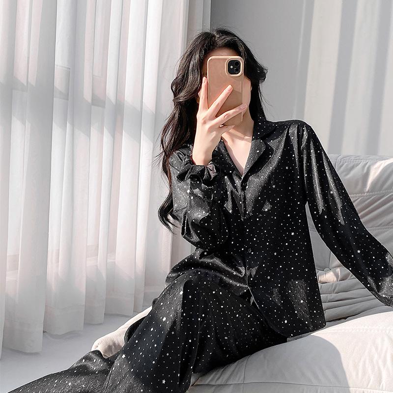 Breathable Starry Sky Printed Ice Silk Pajama Set Breathable Lapel Design Long Sleeve Pants Two-piece Set Temperament Homewear
