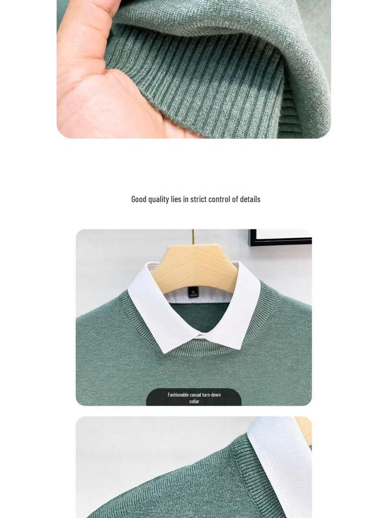 Men's Designer Sweater, Fall 2025: Korean Style Fake Two-Piece with Shirt and Stand Collar, Inner Knitwear Base Layer.