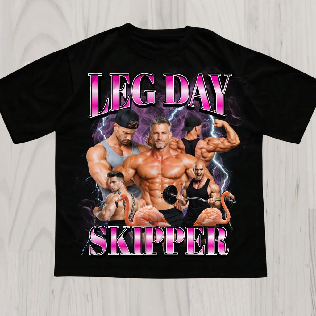 Leg Day Skipper Sarcastic Gym Meme T Shirt Funny Bodybuilder Flamingo Rat Edgy Humor Workout Casual Vintage