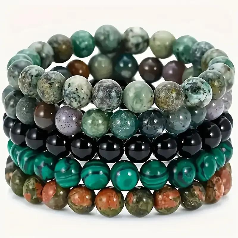 1 Set Vintage Men's Multi Bracelet Set Round Natural Stone  Colorful  Agate Crystal  Women Perfect for Boho Party