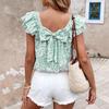 Women's Printed Summer Fashion Back Bow Tiered Ruffled Short Sleeve Shirt
